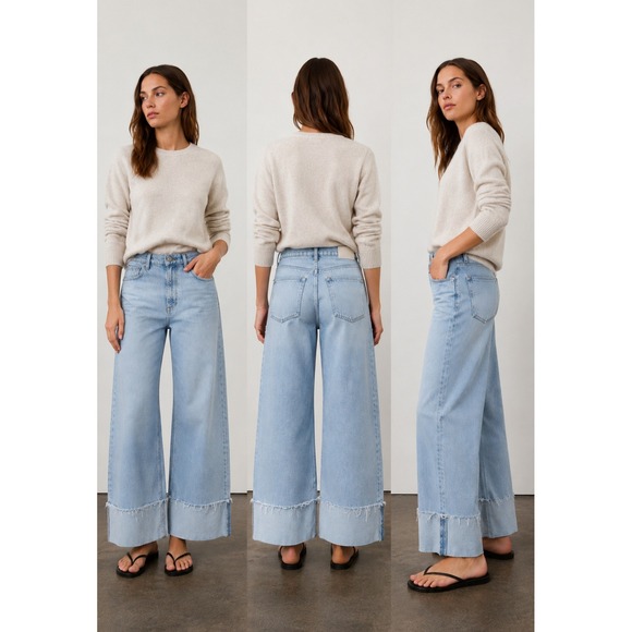 rag & bone Denim - Rag & Bone Sofie Ultra High Rise Wide Leg Crop Jeans Cuffed Raw Hem Mari 27